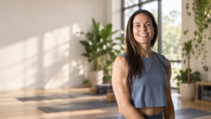 Morgan Leslie Heuman in a sunlit Austin yoga studio