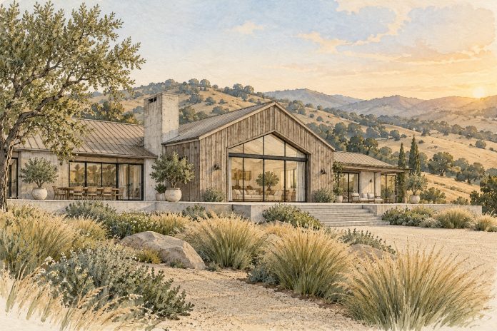 Watercolor illustration of a California modern farmhouse with timber siding and large windows